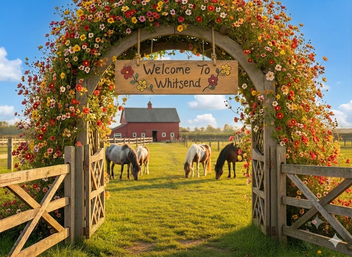 Floral archway with Welcome to Whitsend sign and red barn